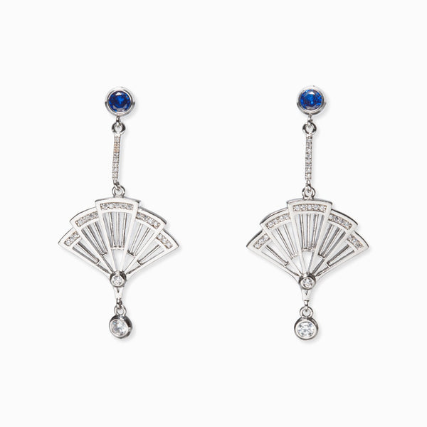Fan Earrings--Silver with Sapphire Crystal - Shen Yun Shop
